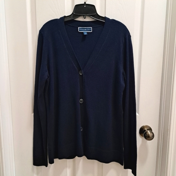 Karen Scott Cardigan Women's Medium Navy Blue Long Sleeved Sweater Button Up - Picture 11 of 13